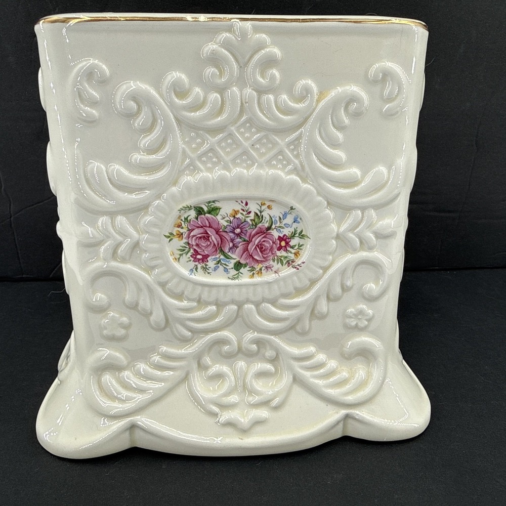Vtg Formalities Porcelain Ceramic Tissue Box Cover Ivory Floral Cottagecore